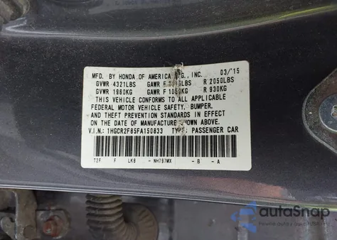 2015 Honda Accord Ex-L z USA, uszkodzony, nr VIN 1HGCR2F85FA150833